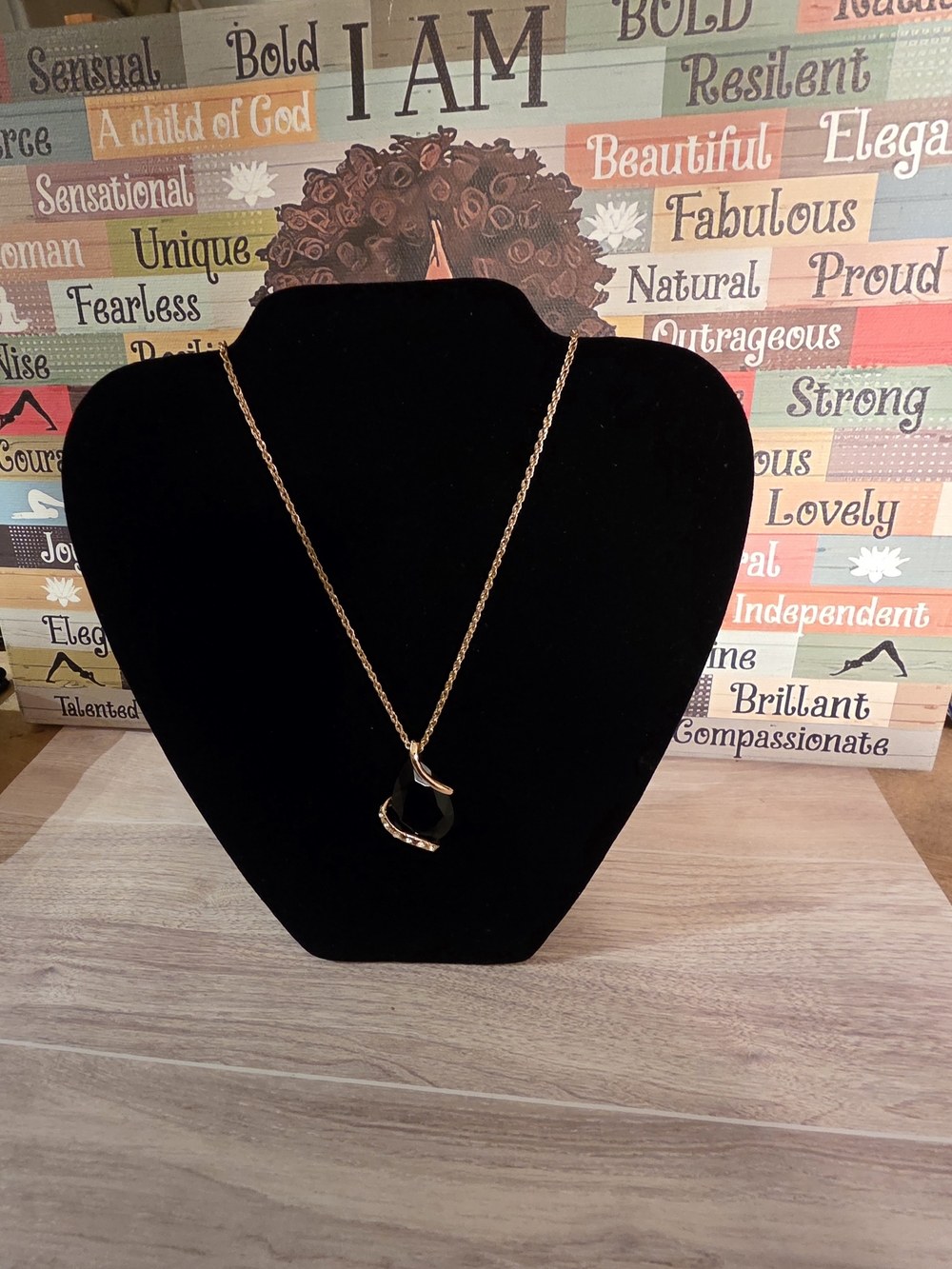 Vintage Gold-Tone Chain Necklace with Black Pendant